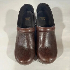 DANSKO ~ Women’s Brown Leather Clogs with Embossed Floral Print Size 41